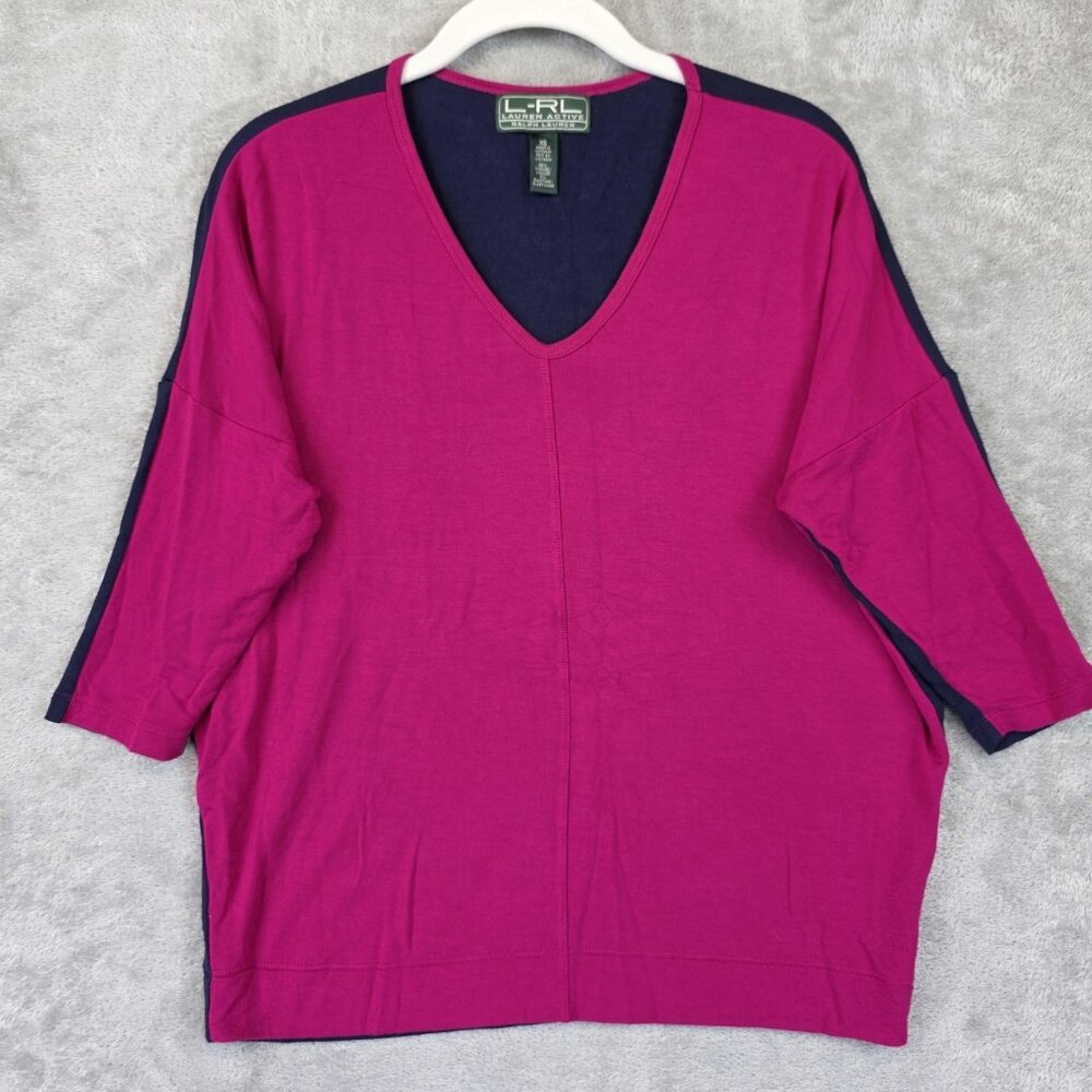Lauren Ralph Lauren Active Top Womens XS Pink Navy V Neck Dolman Oversized